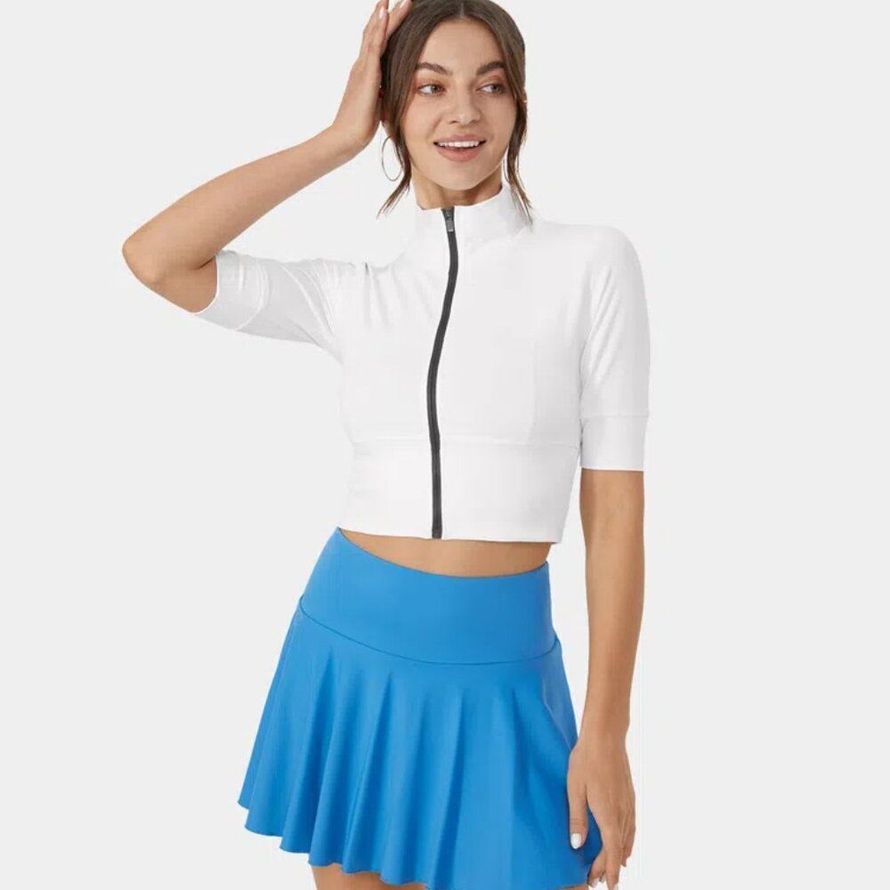 NEW Halara Stand Collar Half Sleeve Zip Front Cropped Top - white, size small